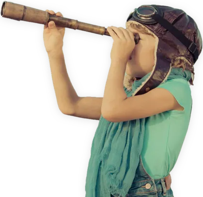 Child in an aviator cap looking through a telescope